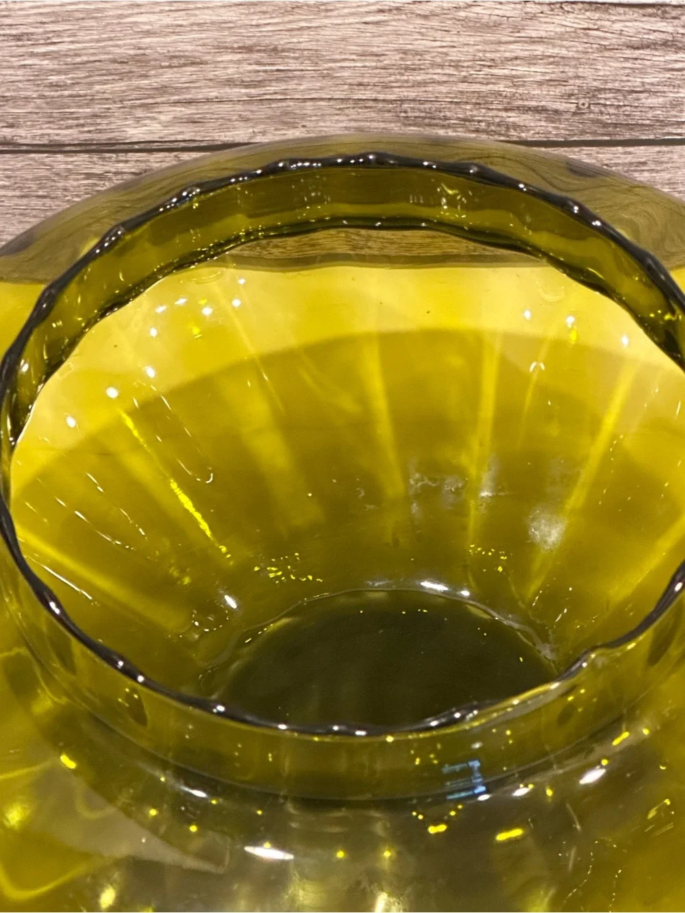 Vintage Pilgrim Glass Olive Green Optic Rose Bowl Vase Mid Century MCM Fish Bowl